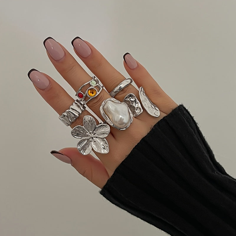 6pcs set of fashionable open ring sets, adjustable in size, suitable for many people to wear high-end rings, beautiful when worn alone or stacked, exquisite gift for friends, bohemian style jewelry combination